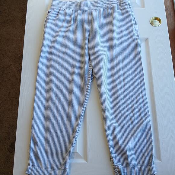 Old Navy High-Waisted Linen-Blend Pants L grey stripe pockets elastic waist - Picture 2 of 12